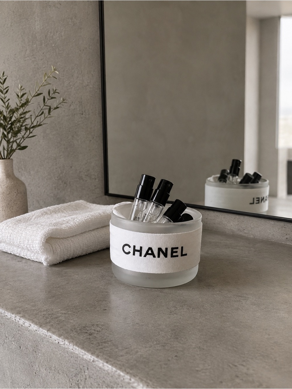 CHANEL White and Black Ribbon Glass Accent Jar with Designer Fragrances
